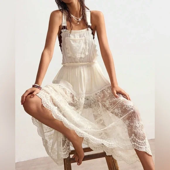 cream overall dress Cream Denim Jumper Overall Dress main image 0